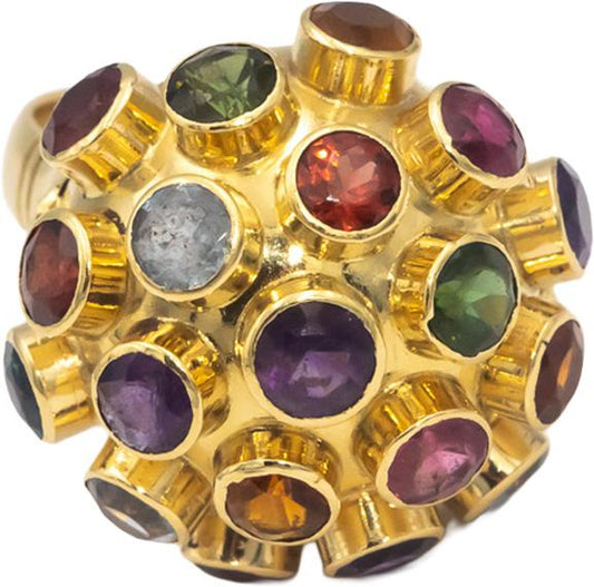 Assorted Rainbow Gemstone 18k Yellow Gold Bezel Set Sputnik Dome Ring Size 6.5