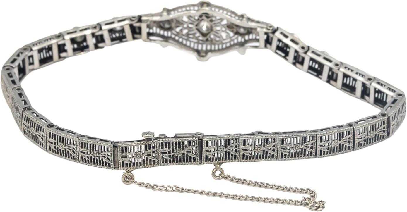 Vintage Antique 10k White Gold Diamond Filigree Fancy Link Bracelet 0.50CT