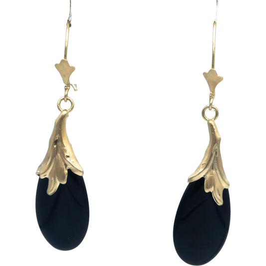 14k Yellow Gold Pear Cabochon Black Onyx Drop Dangle Earrings