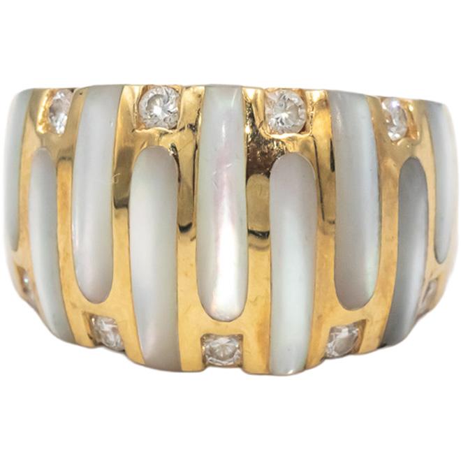 KABANA 14k Yellow Gold Diamond & Mother of Pearl Wide Band Ring 0.30CT Size 8