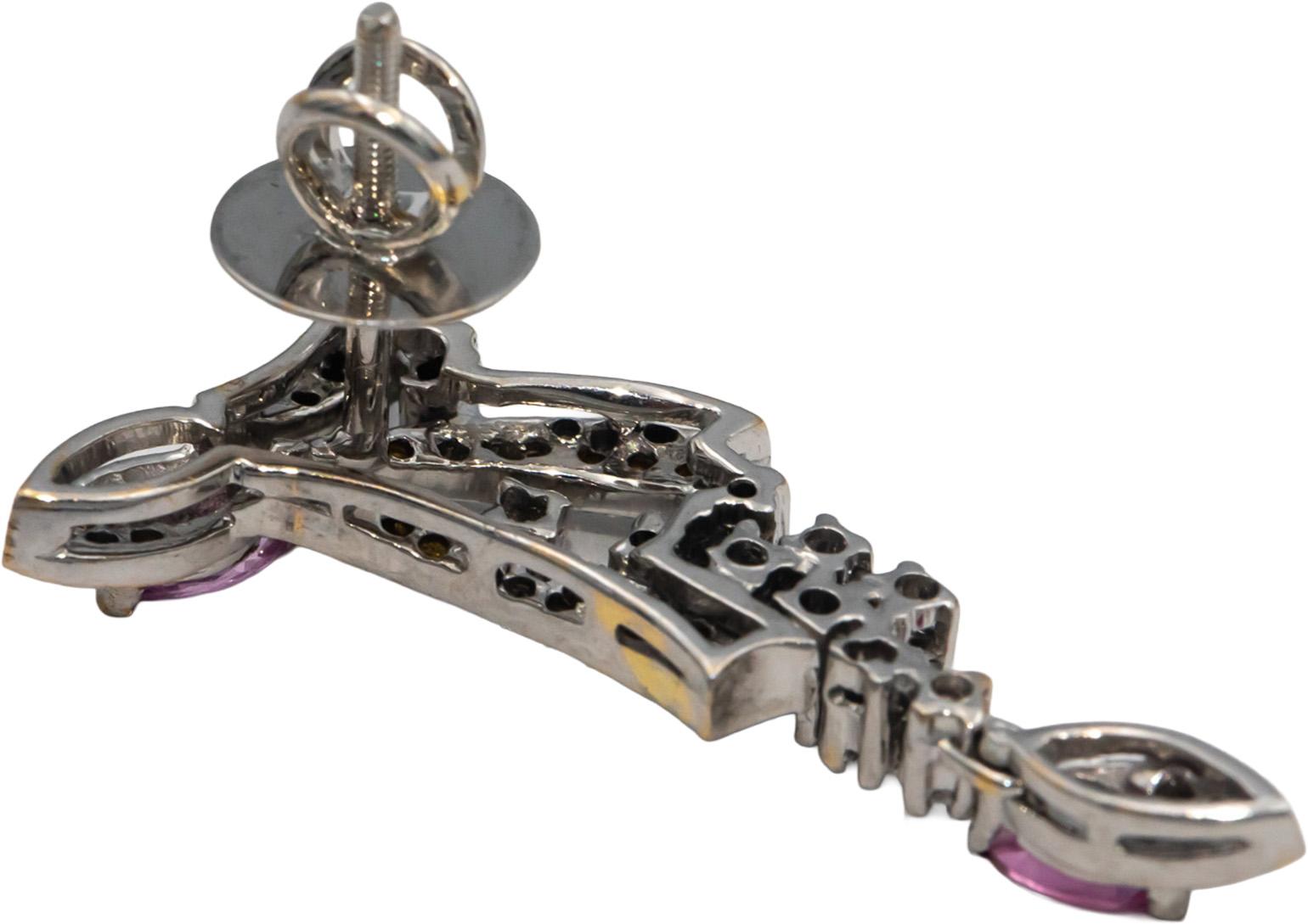 18k White Gold VS Diamond & Pink Sapphire Drop Dangle Earrings 1.24CT