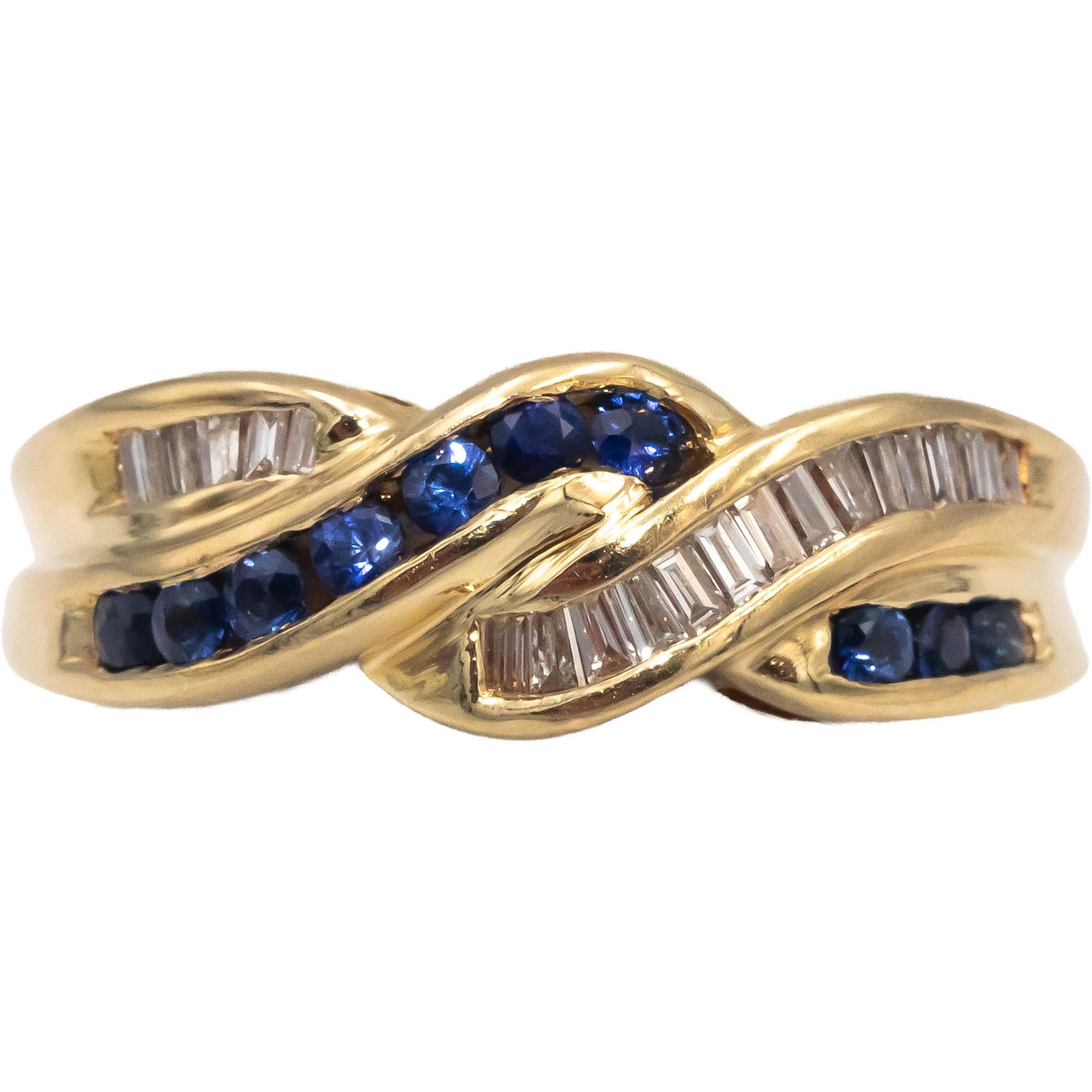 14k Yellow Gold Diamond & Blue Sapphire Crossover Band Ring 0.55CT Size 6