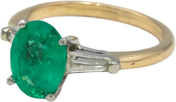 Oval Emerald & Baguette Cut Diamond 14k Yellow White Gold Ring 1.76CT Size 5.75