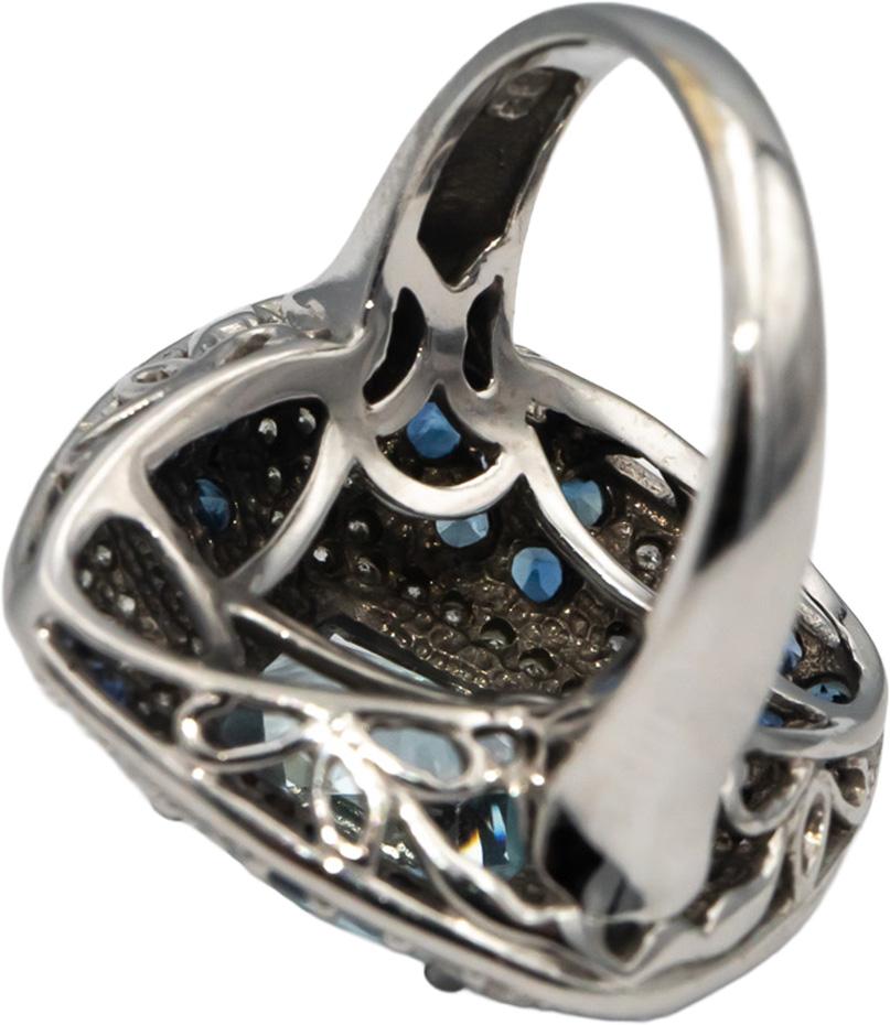 14k White Gold Aquamarine Diamond Sapphire Cluster Cocktail Ring 5.50CT Sz. 6.25