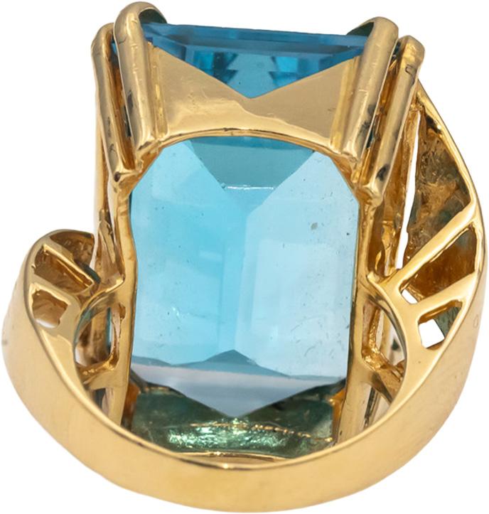 14k Yellow Gold Emerald Cut Blue Topaz Solitaire Cocktail Ring 42.0CT Size 7.5