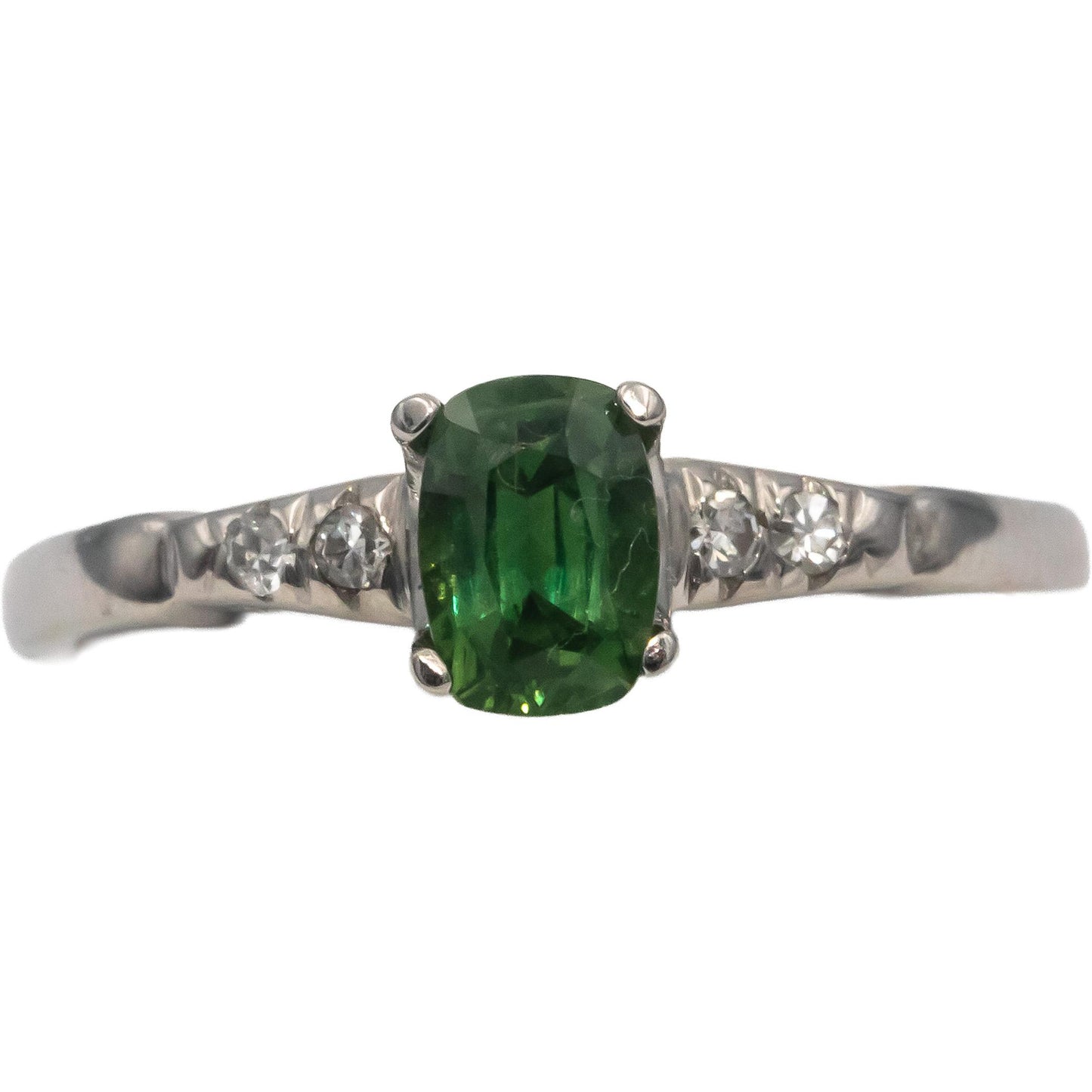 14k White Gold Cushion Green Sapphire & VS Round Diamond Cocktail Ring 0.94CT