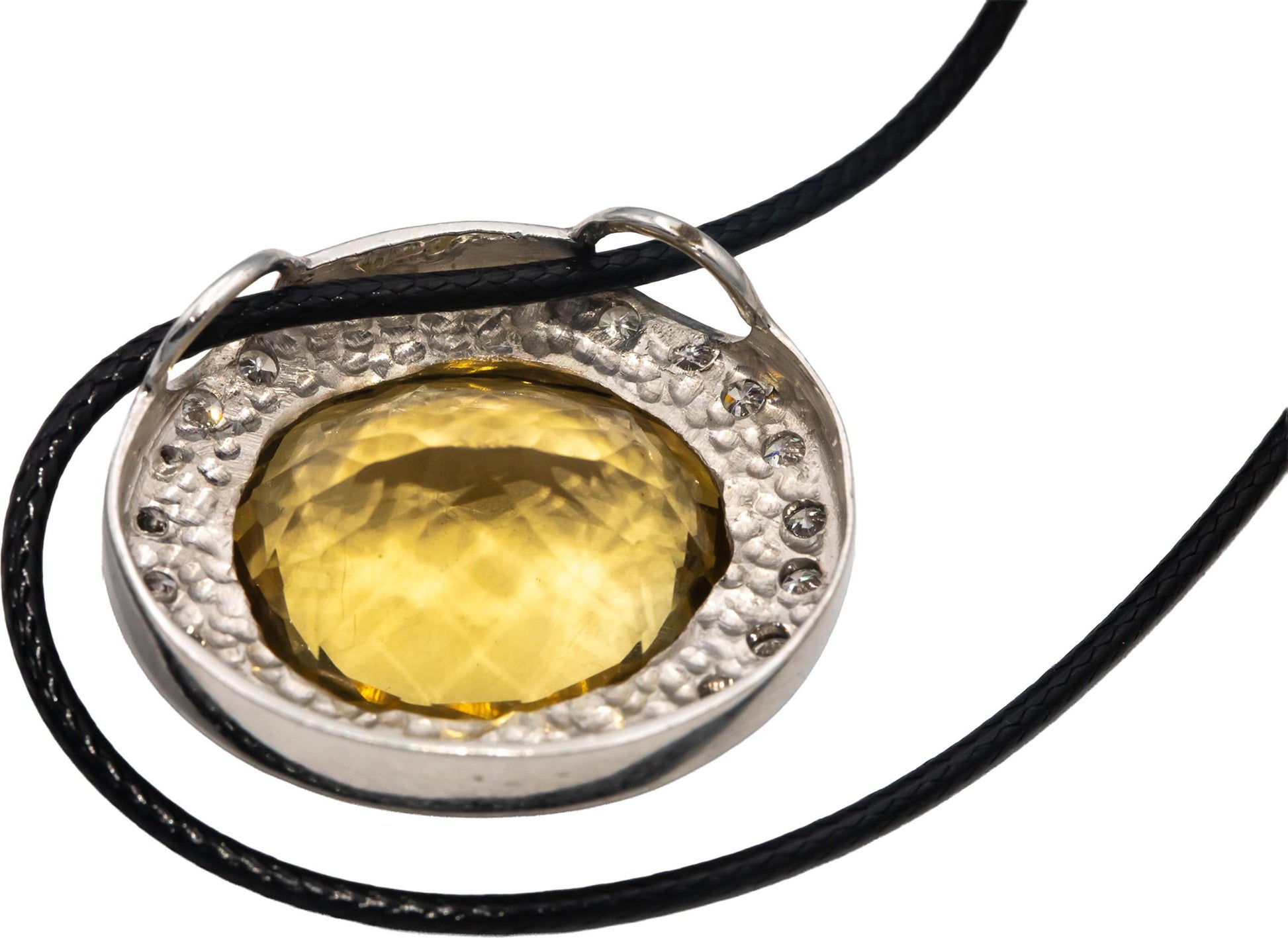 14k White & Yellow Gold Oval Citrine Round Diamond Slide Pendant Necklace 1.58CT