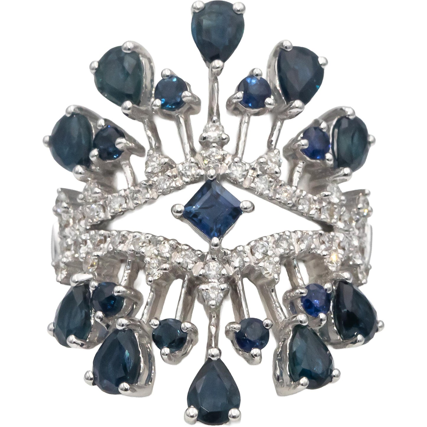 18k White Gold Diamond & Blue Sapphire Cluster Cocktail Ring 2.25CTW Size 7.25