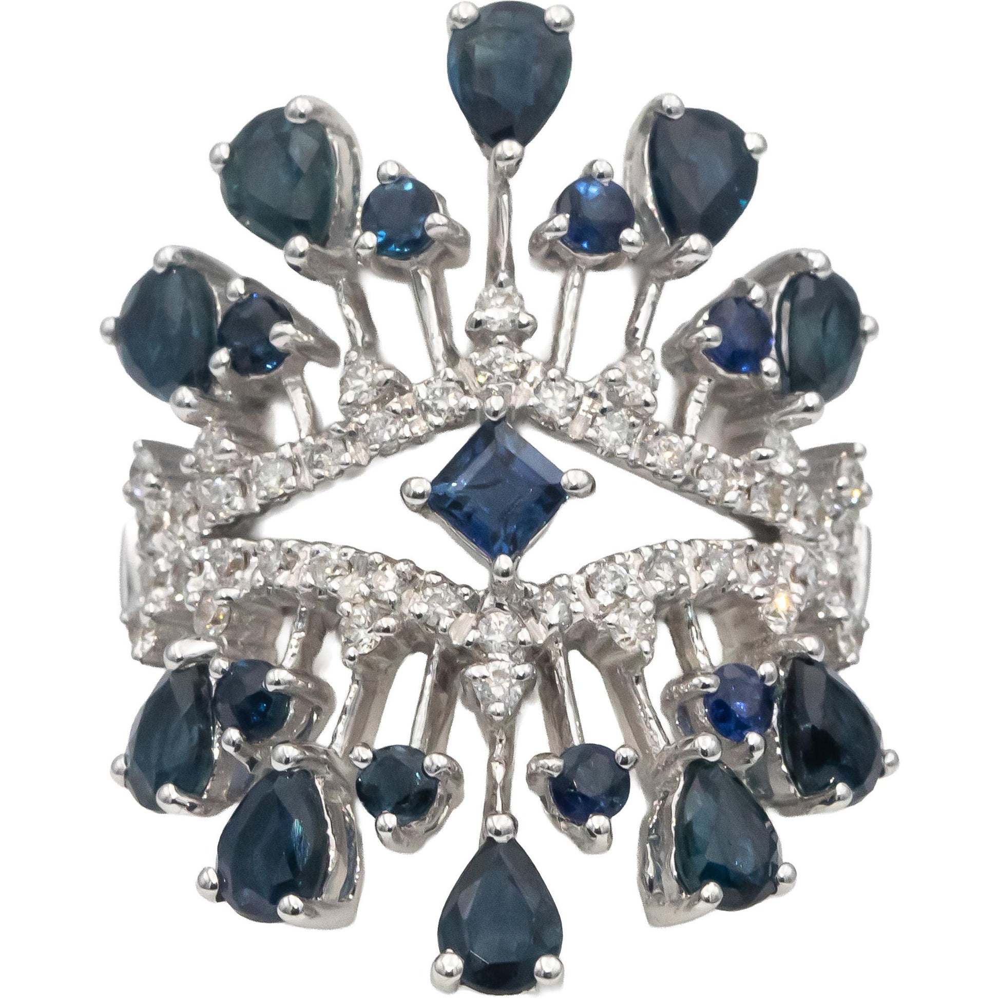 18k White Gold Diamond & Blue Sapphire Cluster Cocktail Ring 2.25CTW Size 7.25