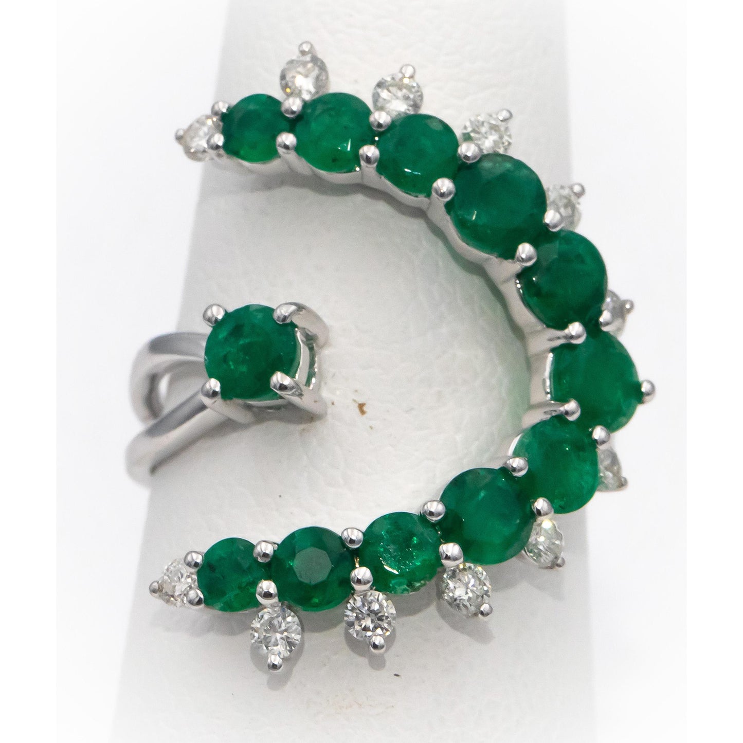 18k White Gold Round Emerald & Diamond Bypass Ring 3.45CTW Size 7