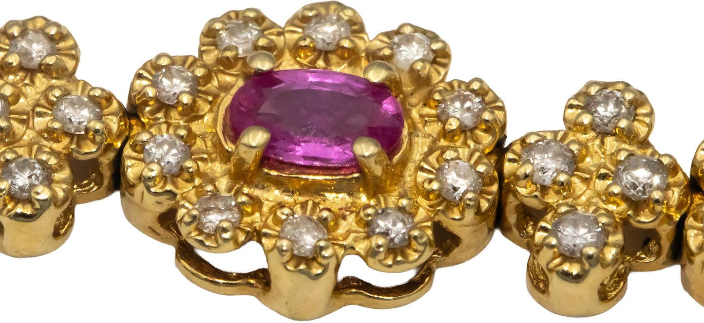 14k Yellow Gold Oval Pink Sapphire Round Diamond Floral Link Bracelet 4.50CTW