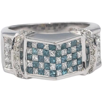 14k White Gold White and Blue Diamond Cluster Cocktail Ring 1.50CT Size 7
