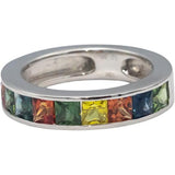 18k White Gold Square Cut Channel Set Rainbow Sapphire Band Ring 2.85CTW Size 7