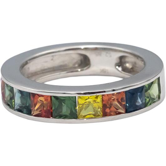18k White Gold Square Cut Channel Set Rainbow Sapphire Band Ring 2.85CTW Size 7