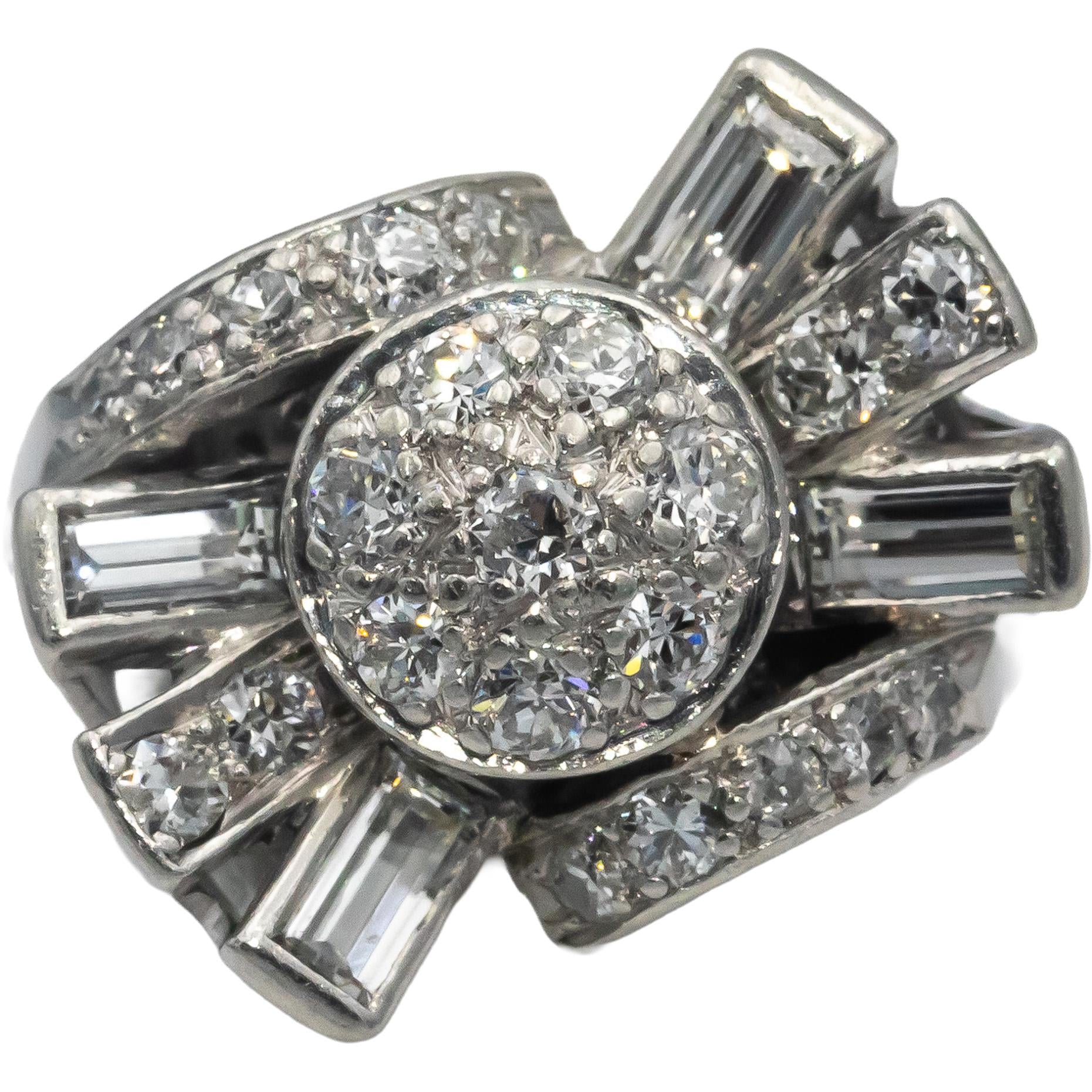 Vintage Antique Platinum VS Round and Emerald Cut Diamond Ring 1.0CT Size 4.5