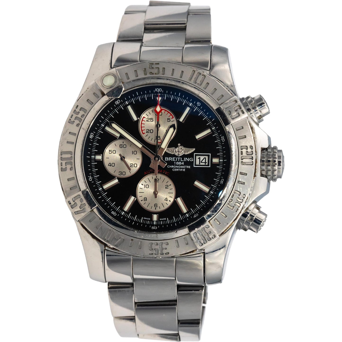 BREITLING Super Avenger II A13371 Stainless Steel Chronograph Watch w Box Papers