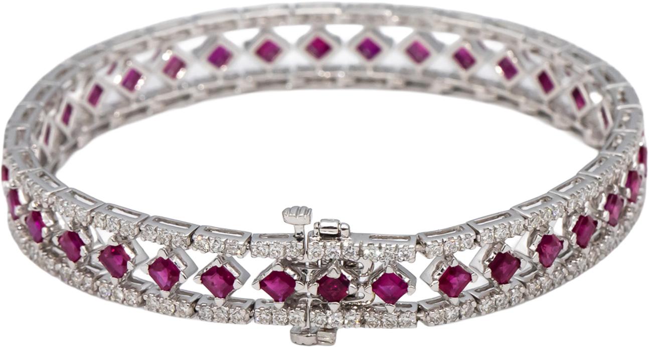 18k White Gold Square Cut Ruby & VS Round Diamond Fancy Link Bracelet 11.09CTW