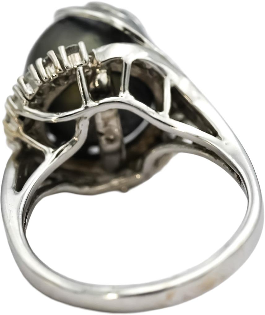 14k White Gold Round Diamond and Black Pearl Cocktail Ring 0.25CT