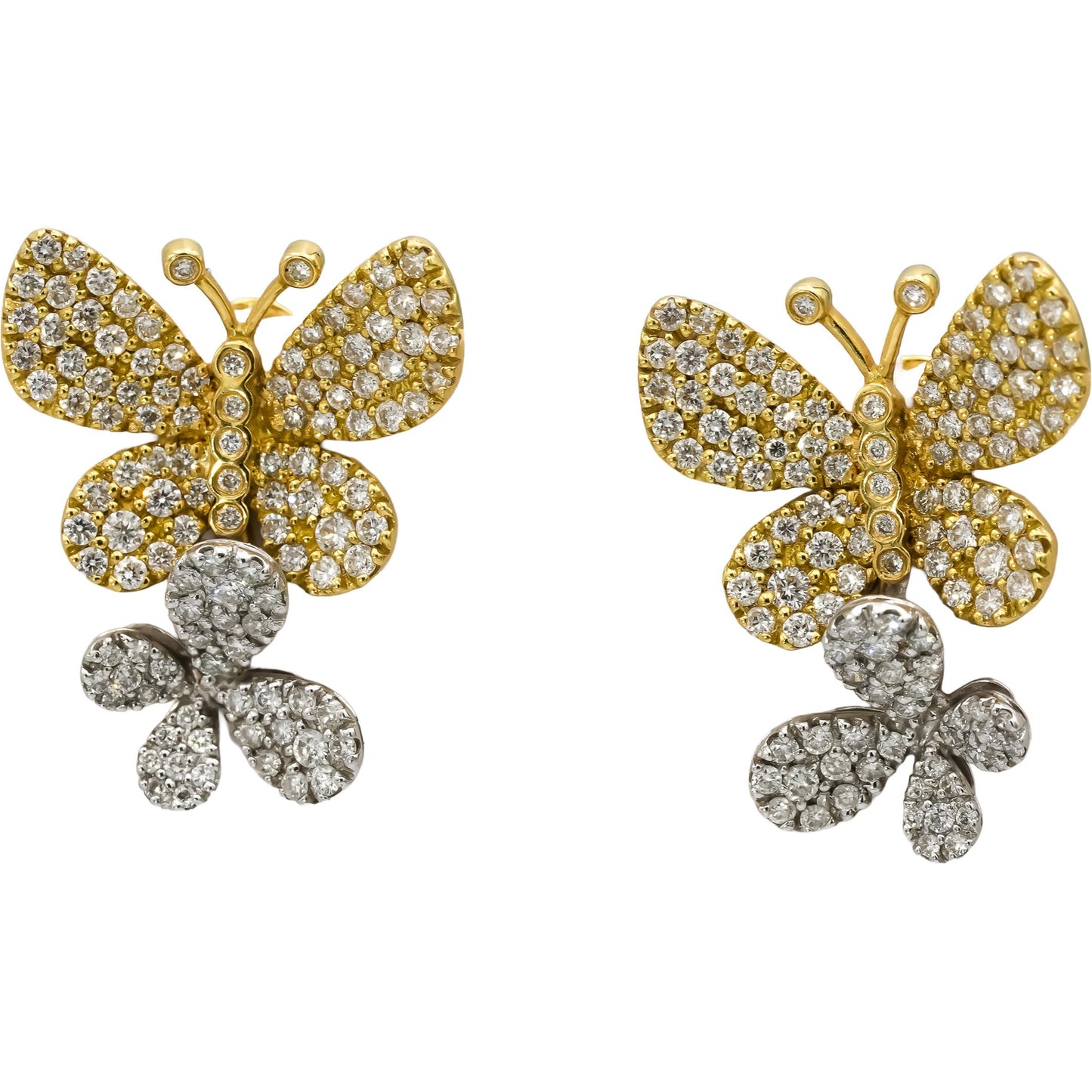 18k Yellow and White Gold VS Diamond Cluster Butterfly Stud Earrings 1.50CT