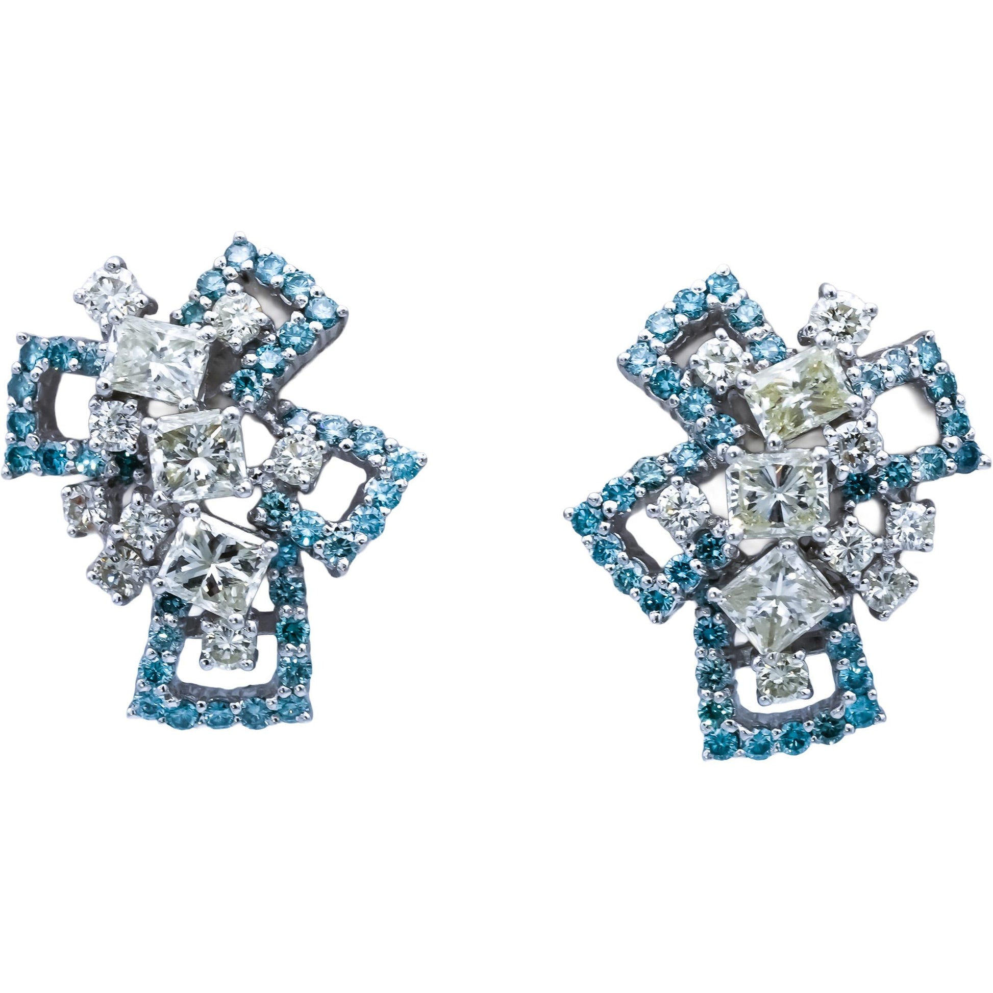 18k White Gold White Light Yellow Blue Flower Earrings 4.50CT