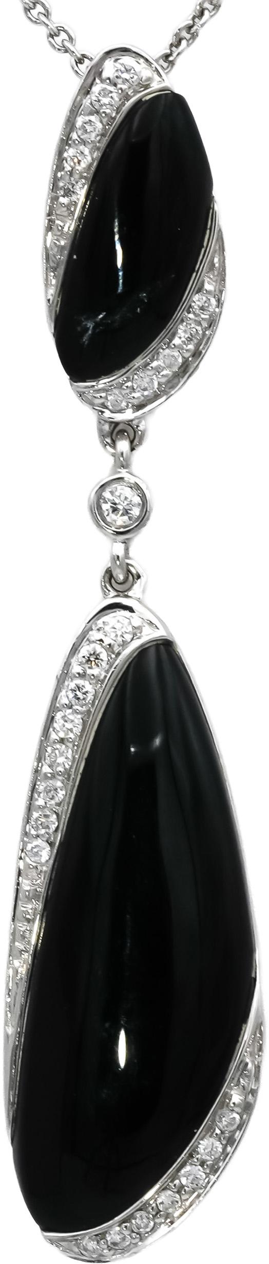 14k White Gold Round Diamond and Onyx Pendant Necklace 0.15CT