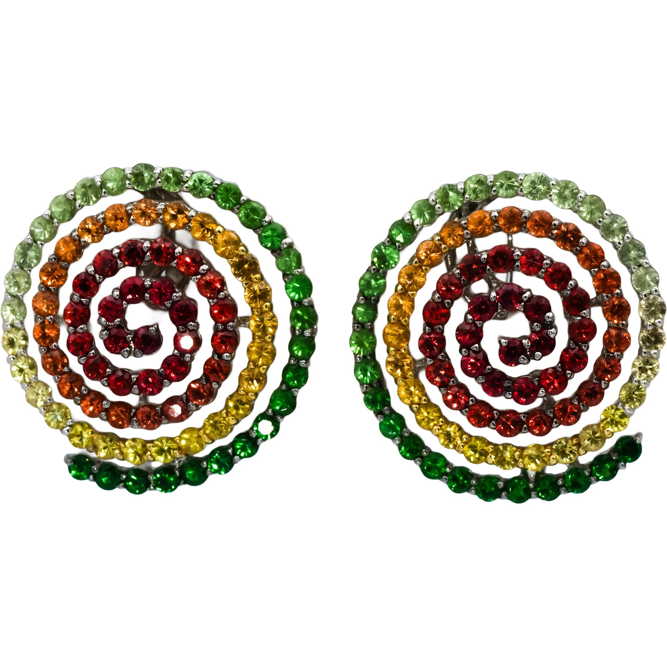 14k White Gold Round Multi Color Assorted Gemstones Spiral Earrings 4.0CT