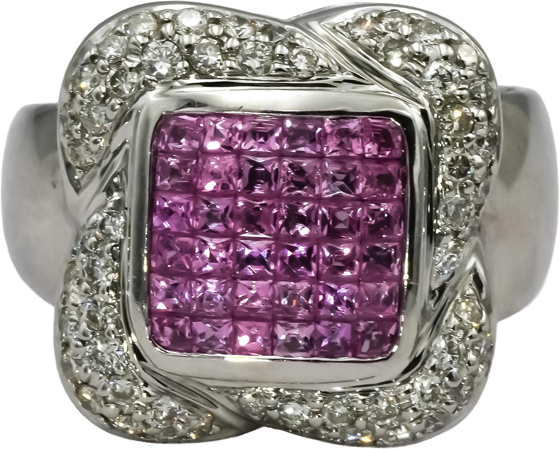 14k White Gold Diamond and Pink Sapphire Cluster Cocktail Ring 1.50CT Size 7.75