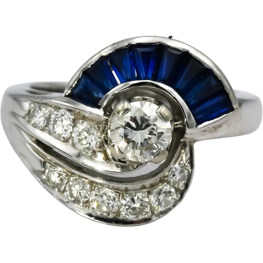 Antique Retro 14k White Gold Diamond and Sapphire Ring 1.20CT Size 5.75