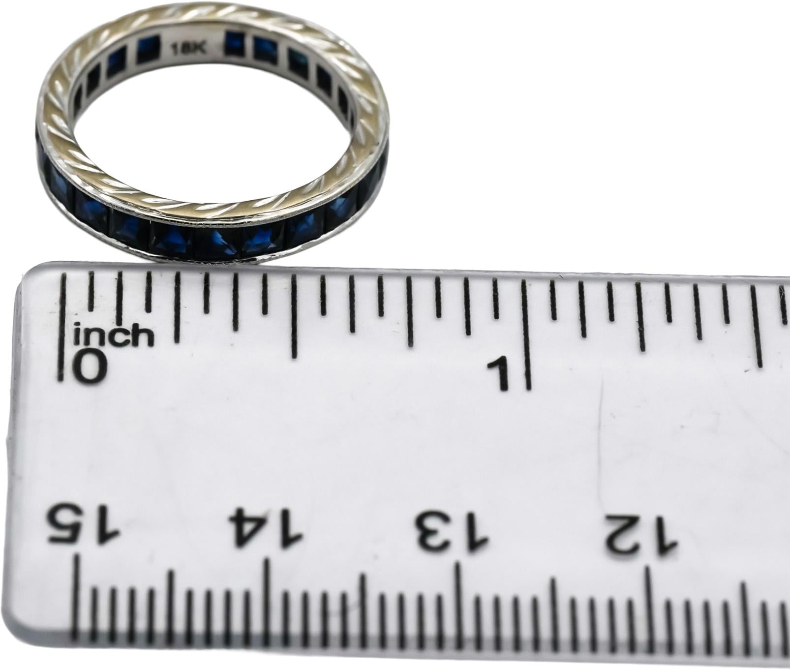 18k White Gold French Cut Sapphire Engraved Eternity Band Ring 2.75CT Size 5.25