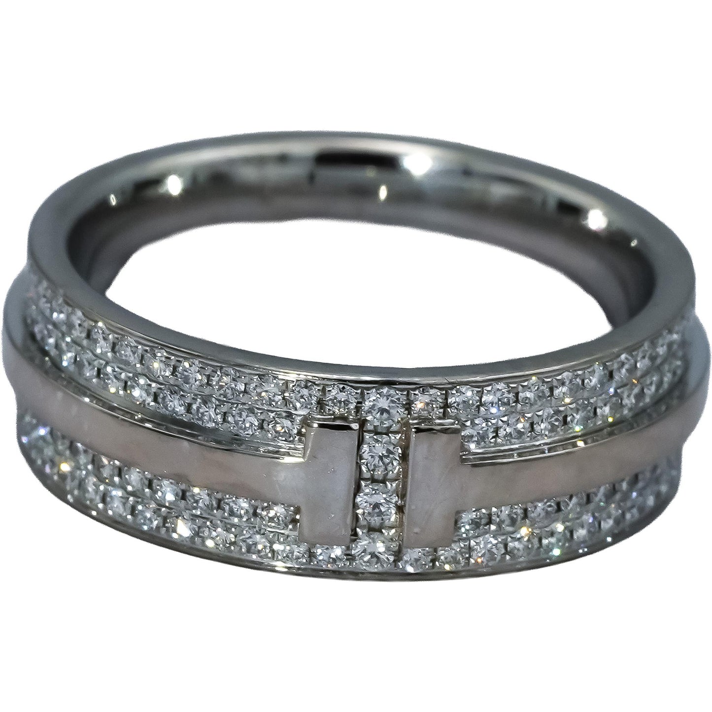 TIFFANY & CO. 18k White Gold T Wide Narrow Pave Diamond Ring .43CT Size 4.5