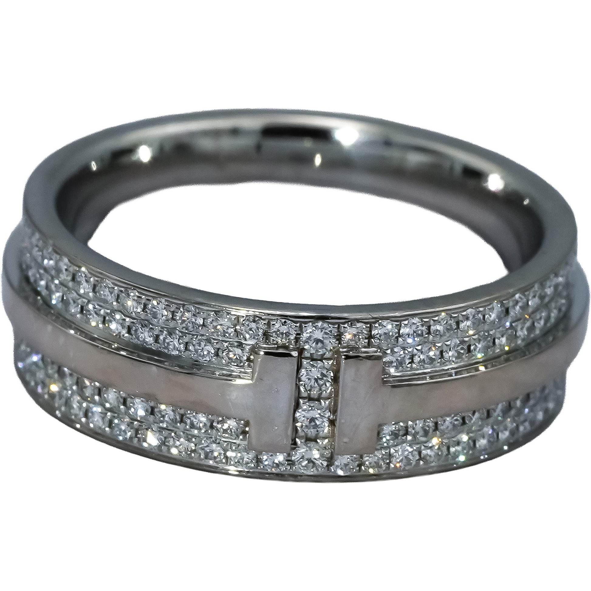 TIFFANY & CO. 18k White Gold T Wide Narrow Pave Diamond Ring .43CT Size 4.5