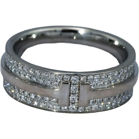 TIFFANY & CO. 18k White Gold T Wide Narrow Pave Diamond Ring .43CT Size 4.5