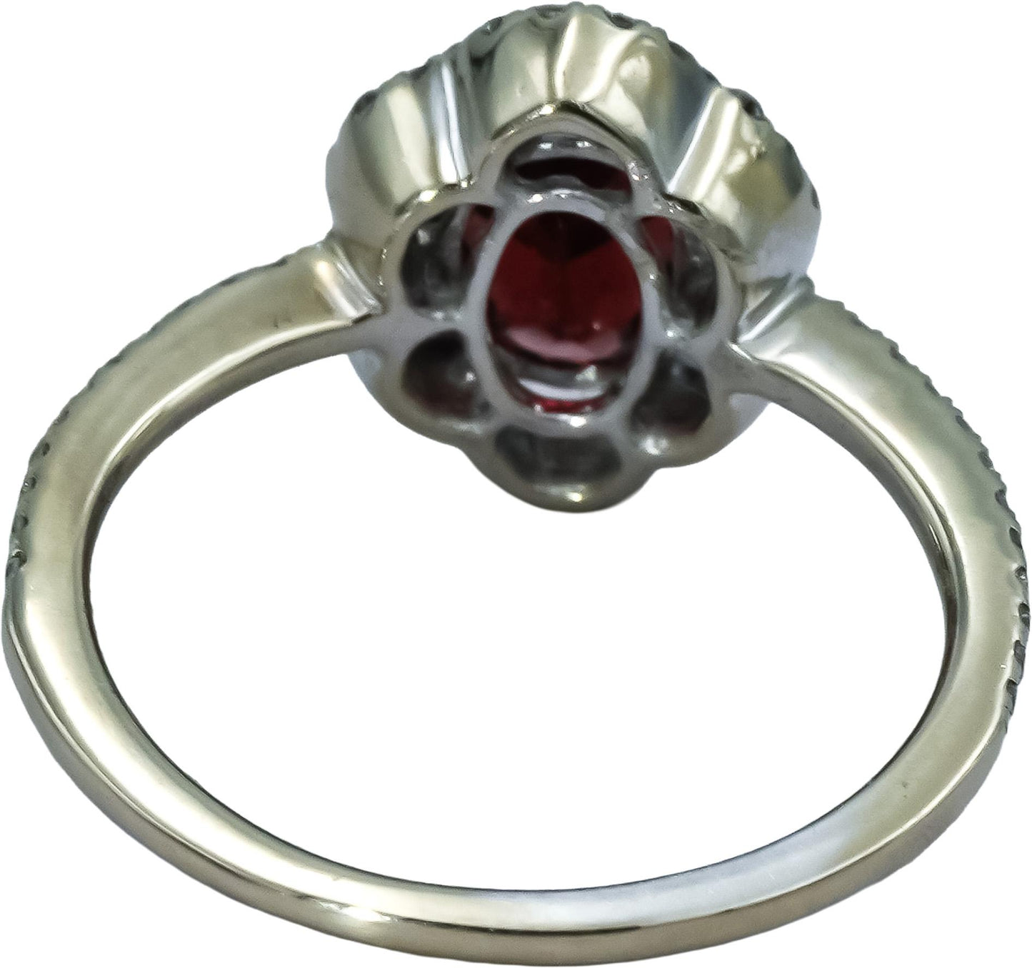 14k White Gold Round diamond Oval Garnet Cocktail Ring 1.20CT Size 4