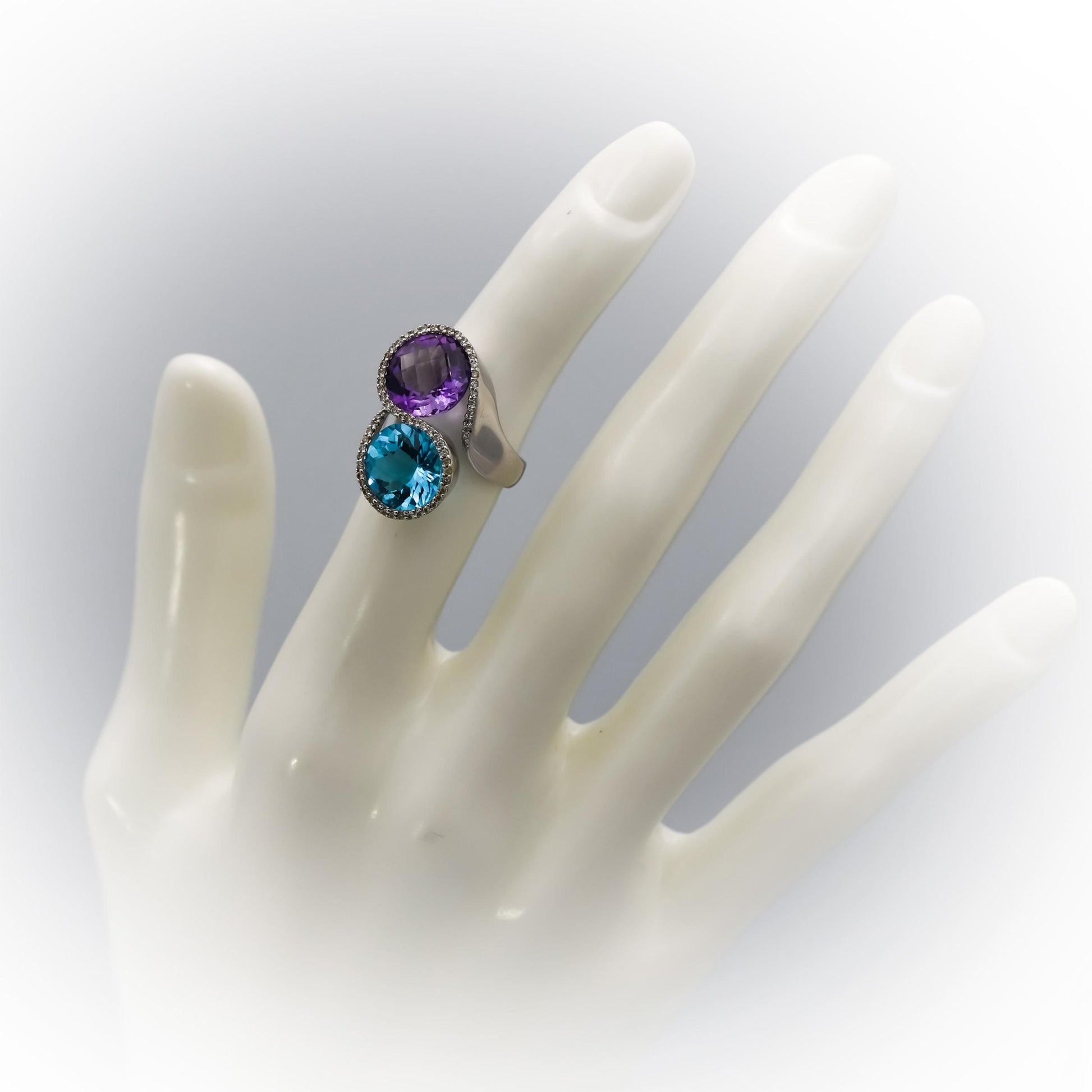 18k White Gold Diamond Blue Topaz Amethyst Bypass Ring 8.33CT Size 4
