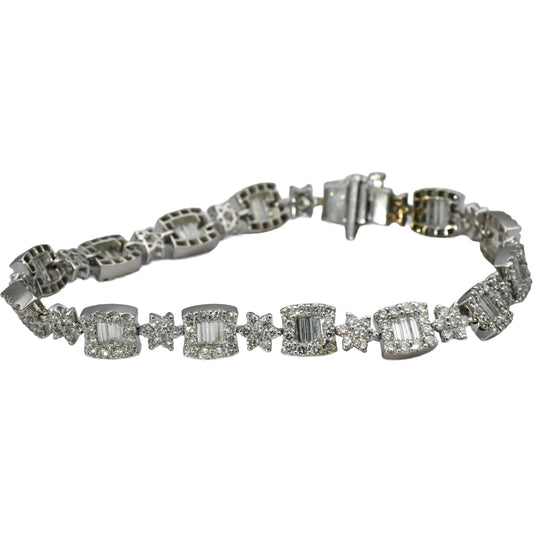 18k White Gold Round and Baguette Cut Diamond Fancy Link Bracelet 4.20CT