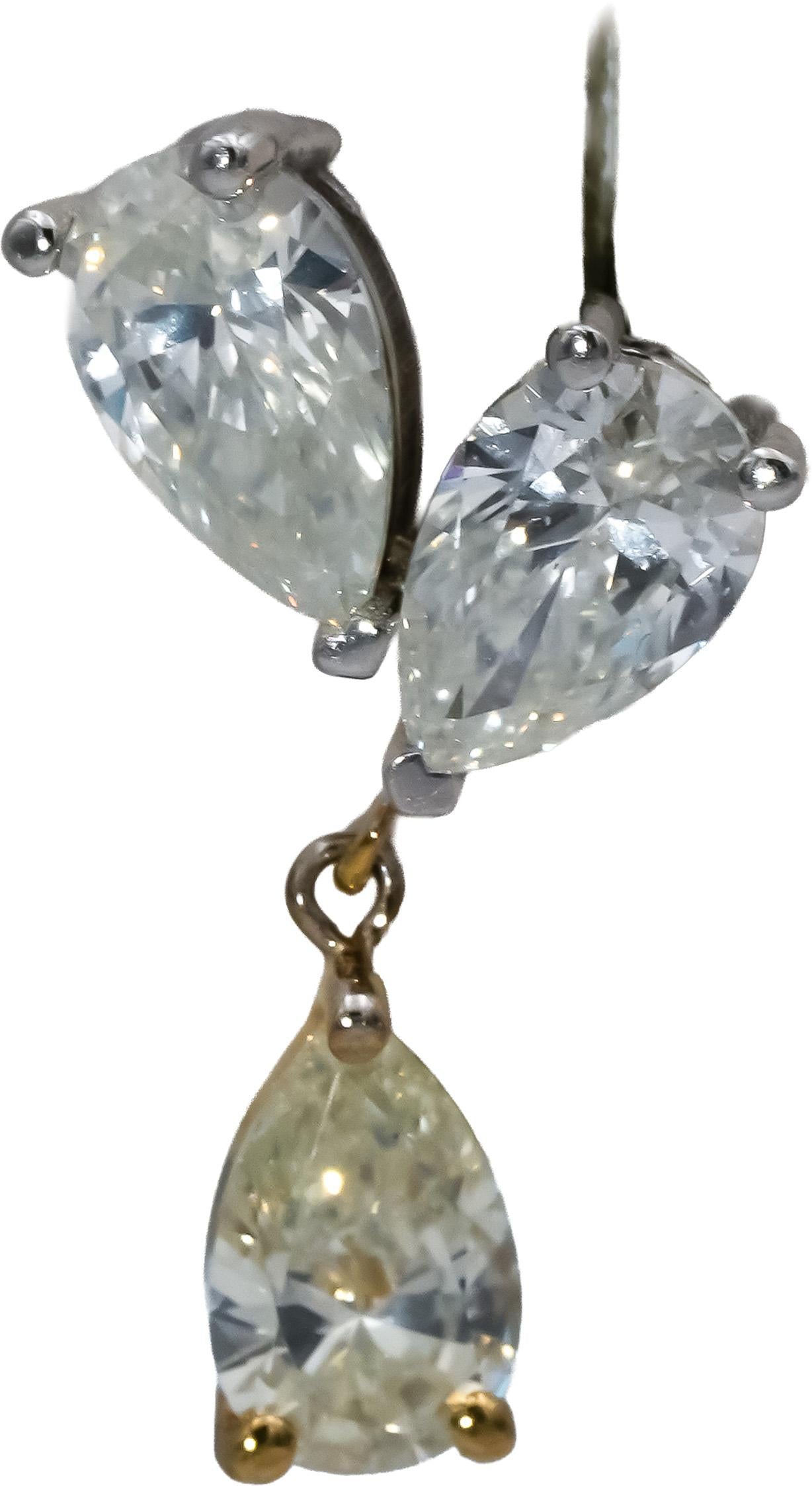 14k White and Yellow Gold Pear Cut Diamond Drop Dangle Earrings 3.05CT