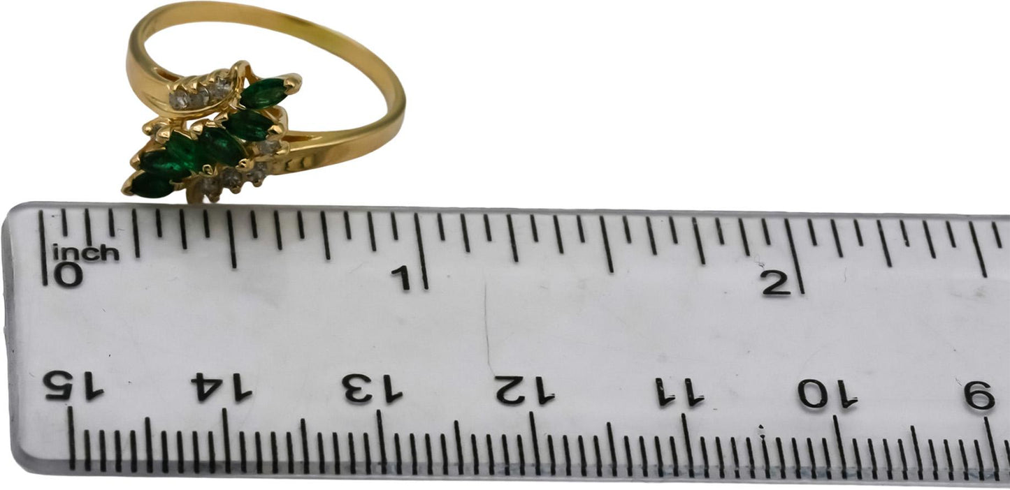 14k Yellow Gold Round Diamond & Marquise Emerald Cocktail Ring 0.45CT Size 7.75