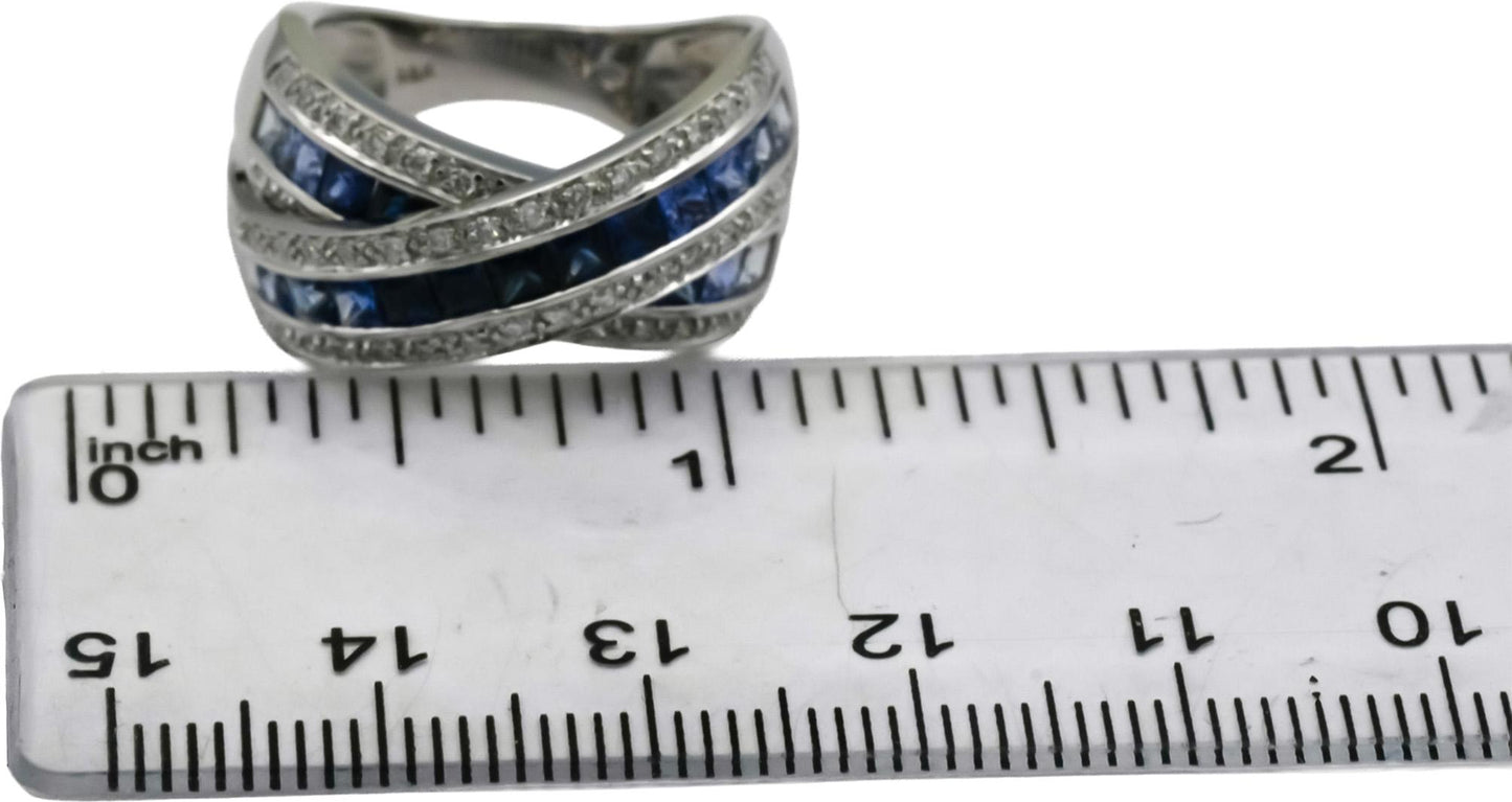 14k White Gold Diamond & Multi Color Blue Sapphire Crossover Ring 2.95CT Sz 6.75