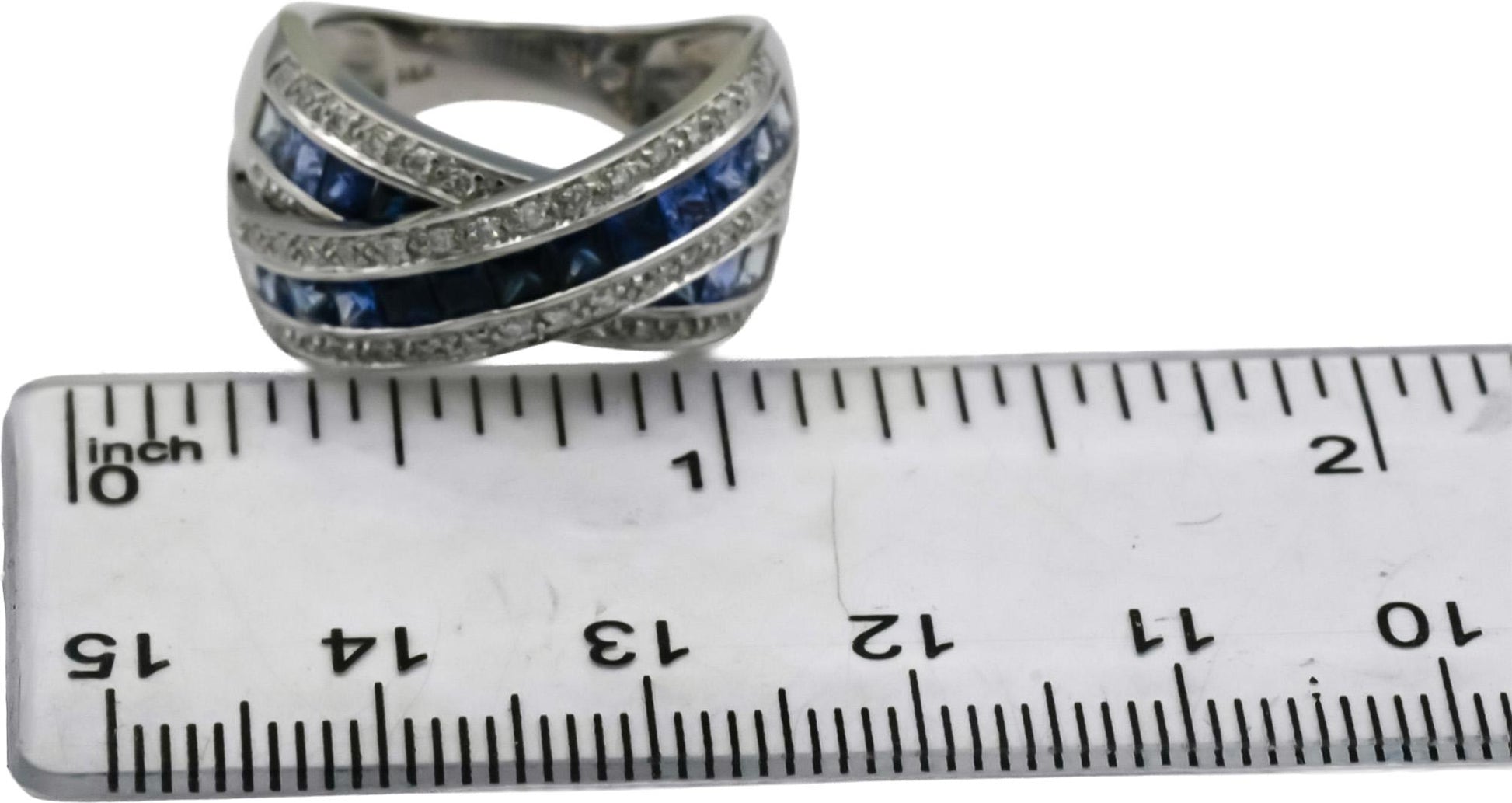 14k White Gold Diamond & Multi Color Blue Sapphire Crossover Ring 2.95CT Sz 6.75
