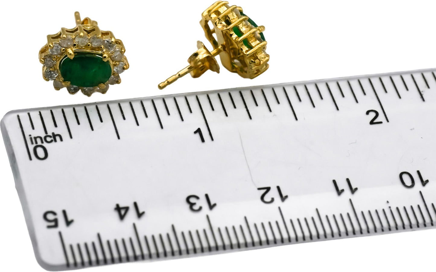 14k Yellow Gold Oval Cut Emerald Round Diamond Halo Stud Earrings 1.75CT