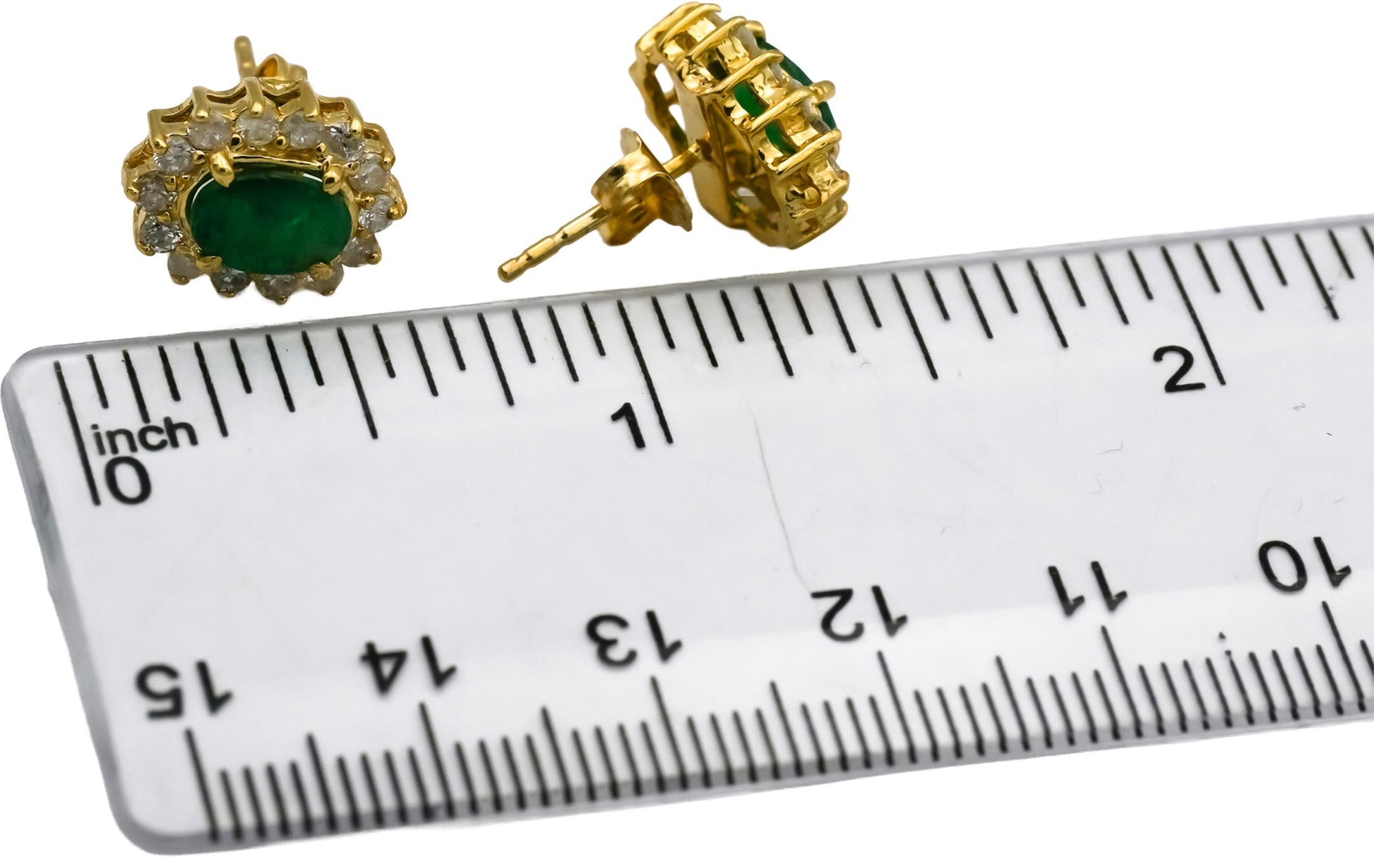14k Yellow Gold Oval Cut Emerald Round Diamond Halo Stud Earrings 1.75CT