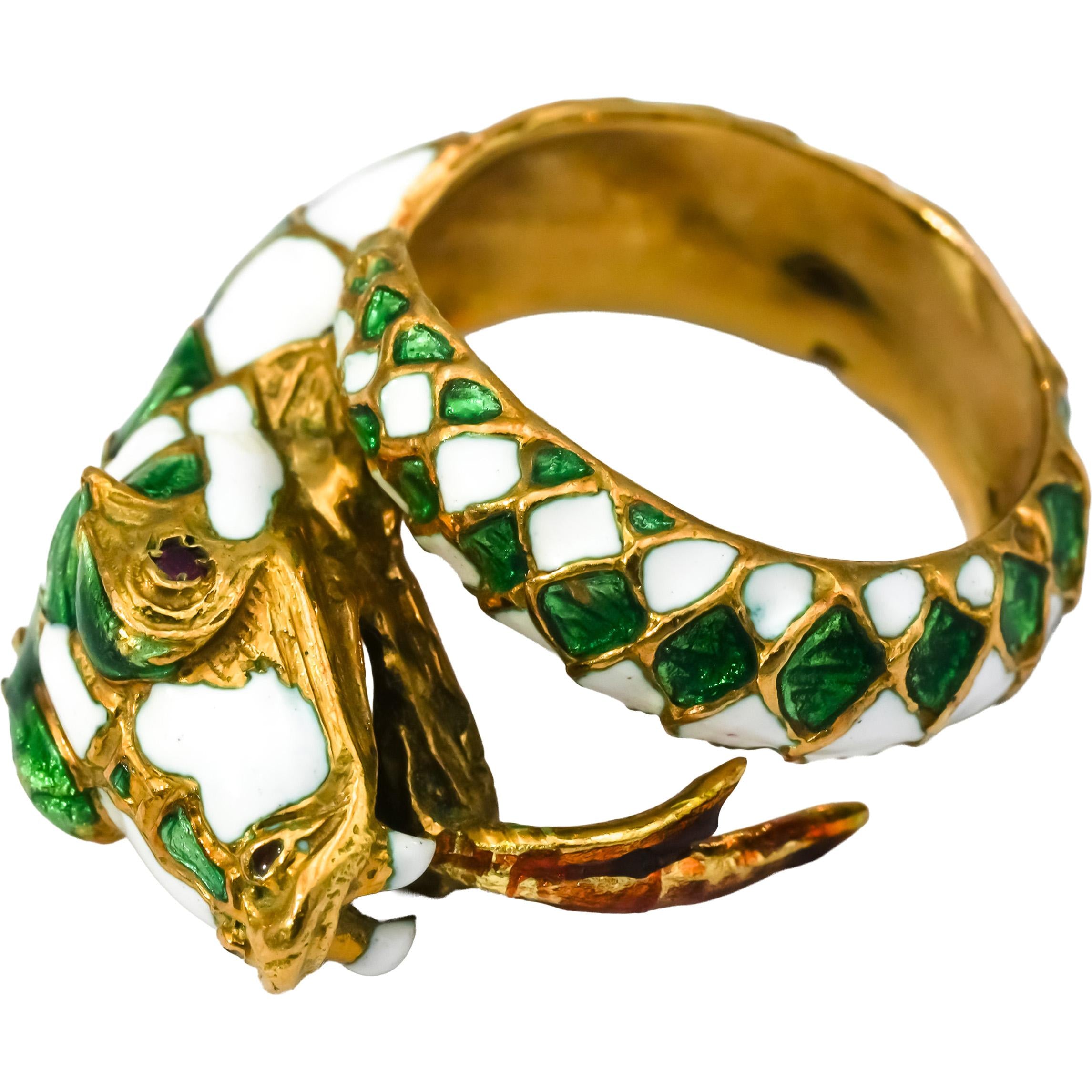 Vintage Antique 18k Yellow Gold White and Green Enamel Snake Ring 7