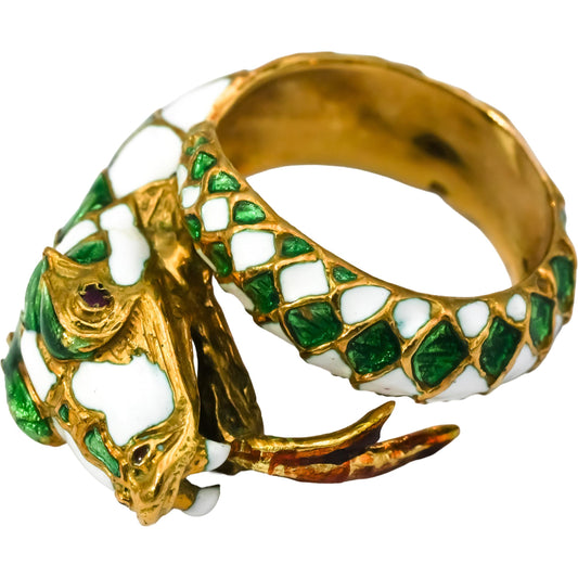 Vintage Antique 18k Yellow Gold White and Green Enamel Snake Ring 7