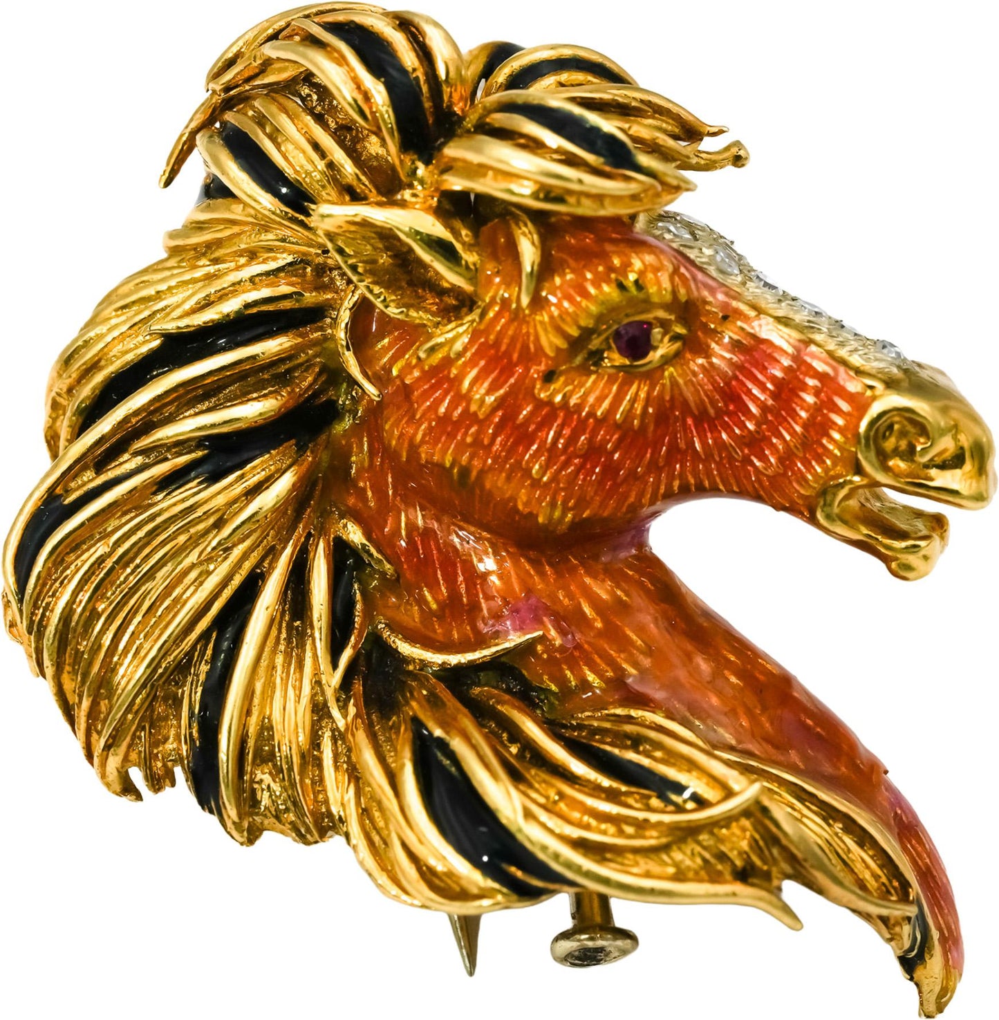 18k Yellow Gold VS Diamond and Enamel Horse Head Brooch Pin 0.10CT