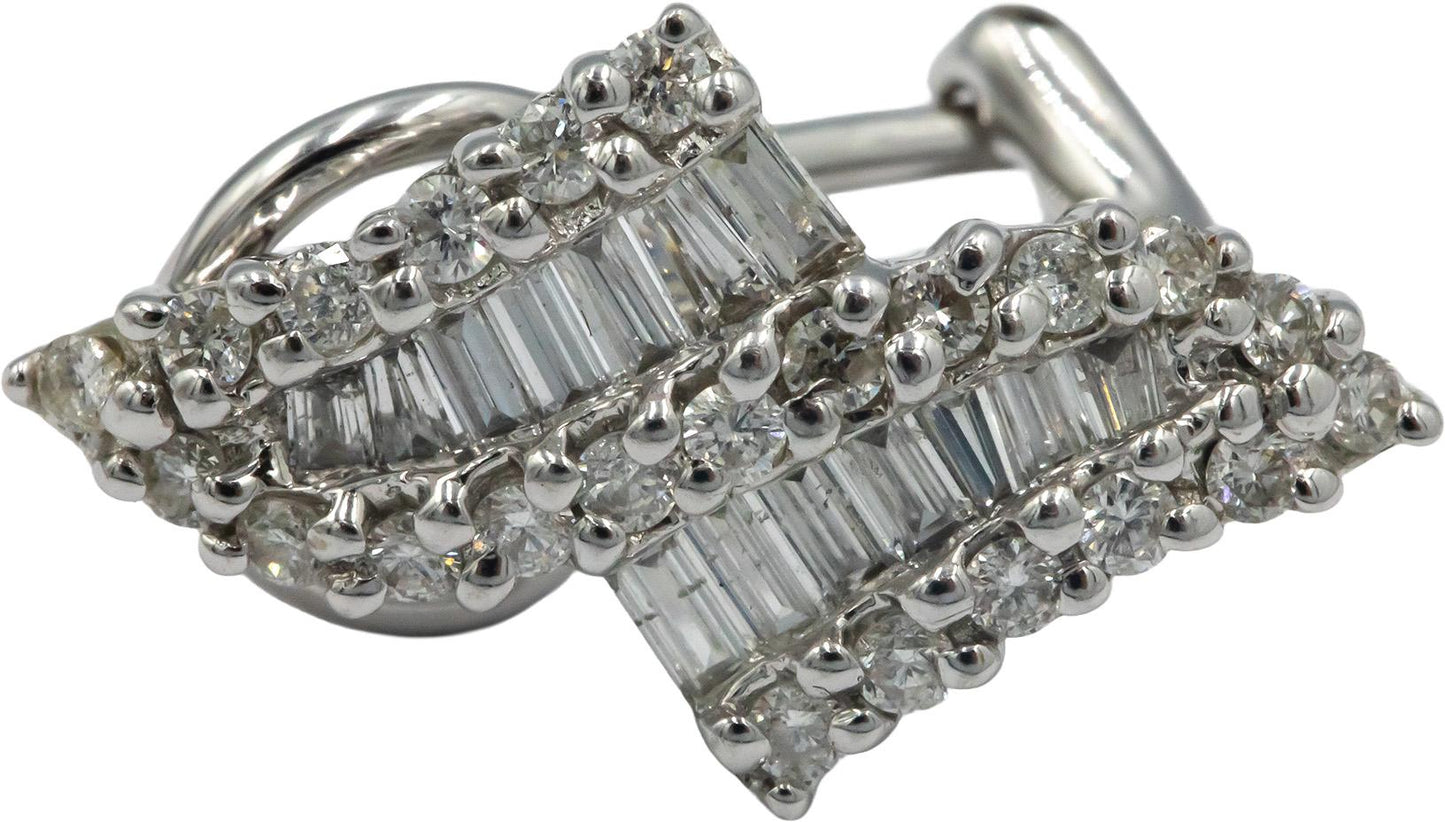 14K White Gold 1.25CT Baguette and Round Diamond Hoop Huggies Earrings