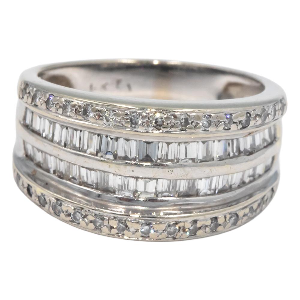14k White Gold Round & Baguette Diamond Four Row Band Ring 0.50CT Size 6.5