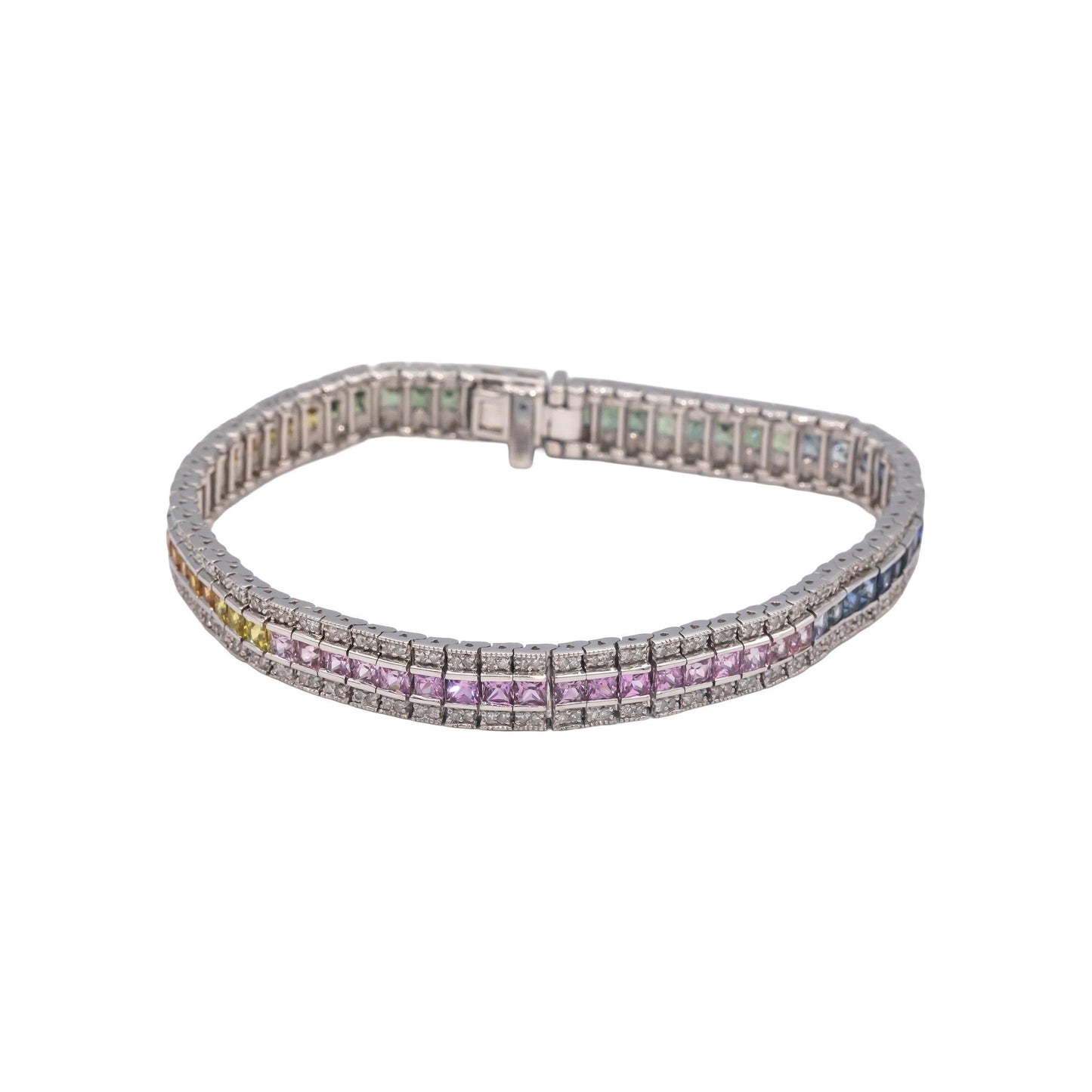 14k White Gold Diamond and Rainbow Sapphire Tennis Bracelet 8.50CT