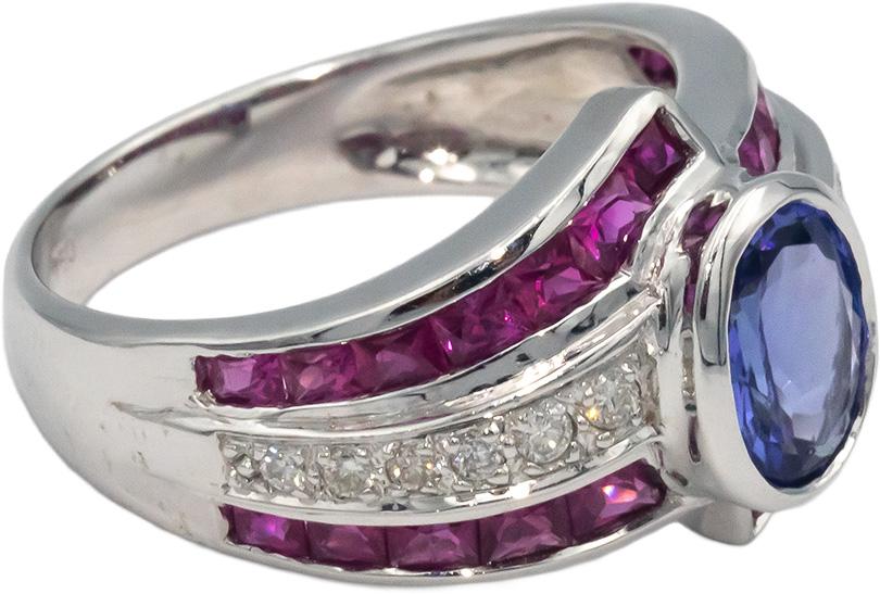 18k White Gold 2.40CT Diamond Tanzanite Ruby Cluster Cocktail Ring Size 7.25