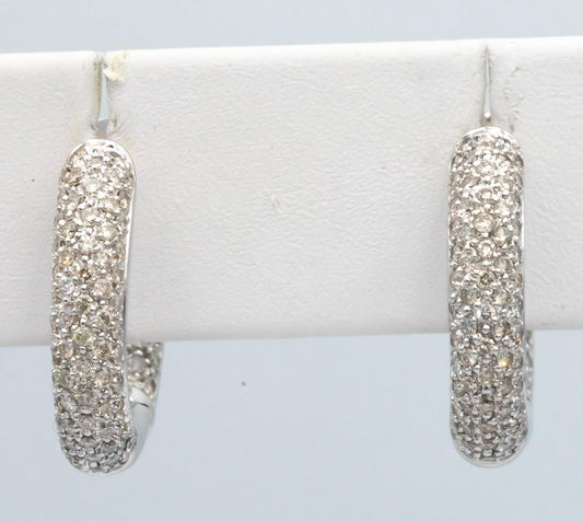 14k White Gold 2.0CT Diamond Pave Hoop Huggie In Out Earrings