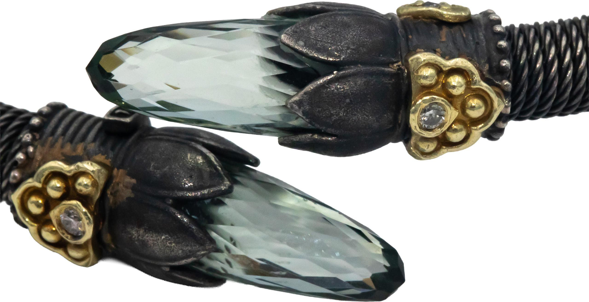 STAMBOLIAN 18k Gold Sterling Silver 0.07CT Diamond Green Amethyst Cuff Bracelet